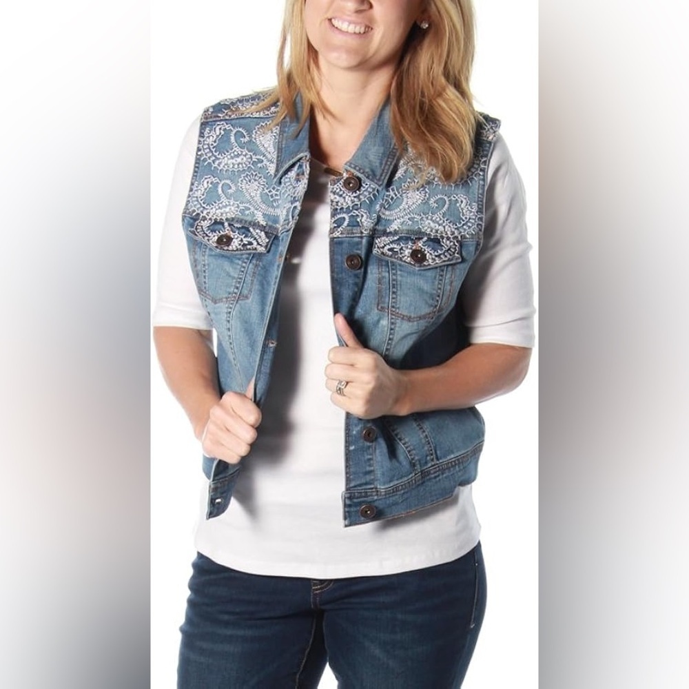 Tribal Women's Denim Vest with Embroidery Size Large Blue Button Up